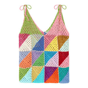 Rose Carmine Granny Square Crochet Multicolor Tank Top Tie Shoulder Cotton